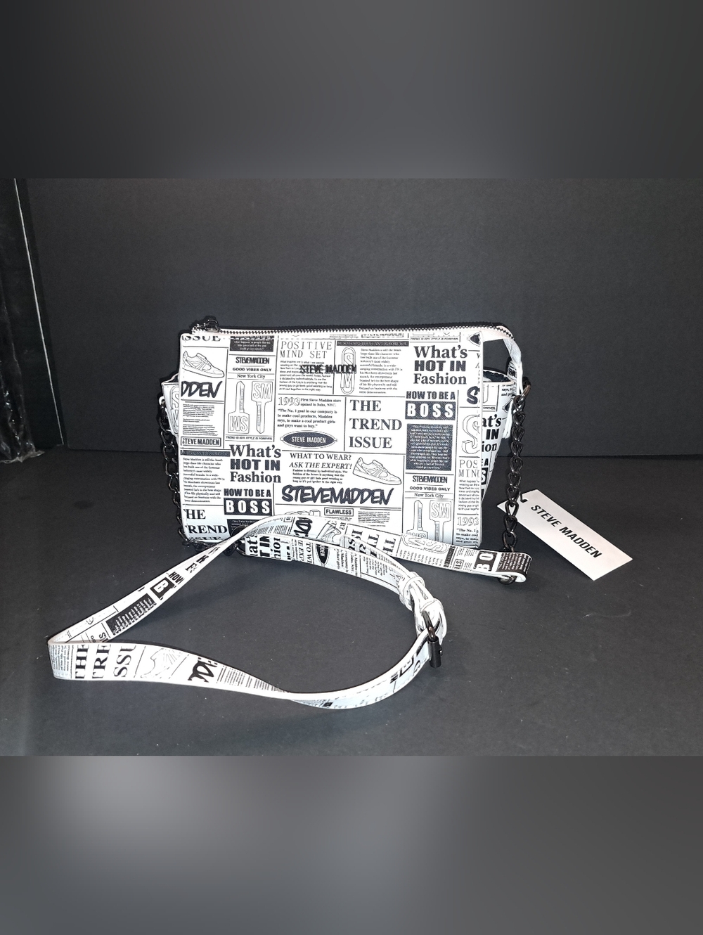 Steve Madden Newspaper Print Crossbody Bag Black White Chain Strap.